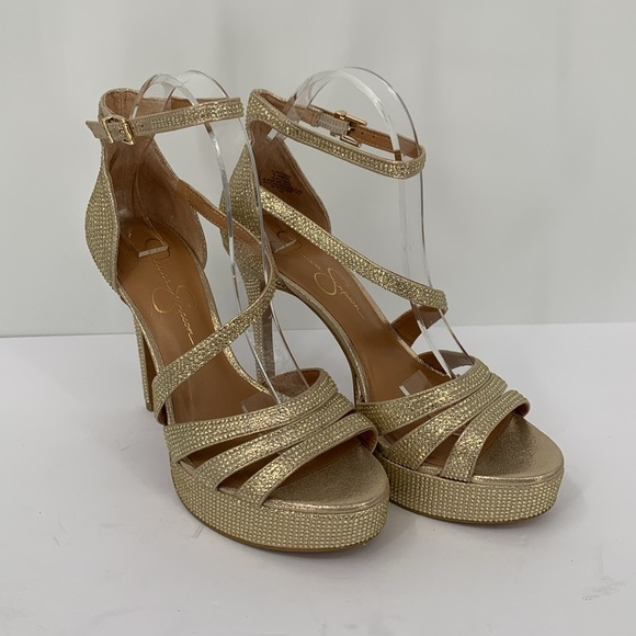 Jessica Simpson Shyremin strappy platform sandals metallic gold crystal shoe 9.5 - Picture 2 of 6